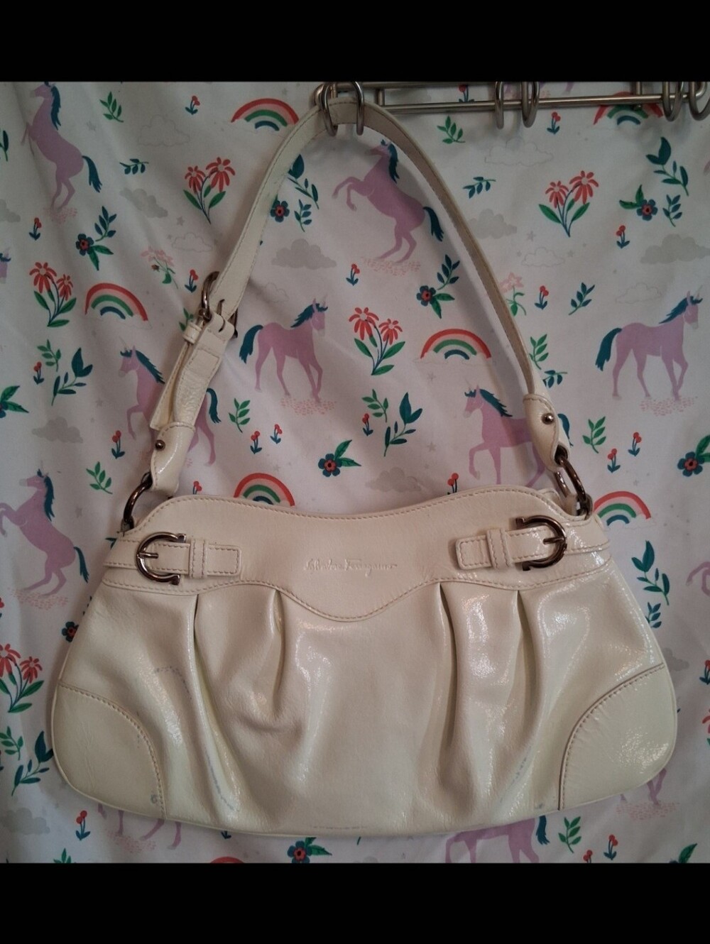 Vintage Y2K Salvatore Ferragamo Marisa Gancini White Patent Hobo Shoulder Purse